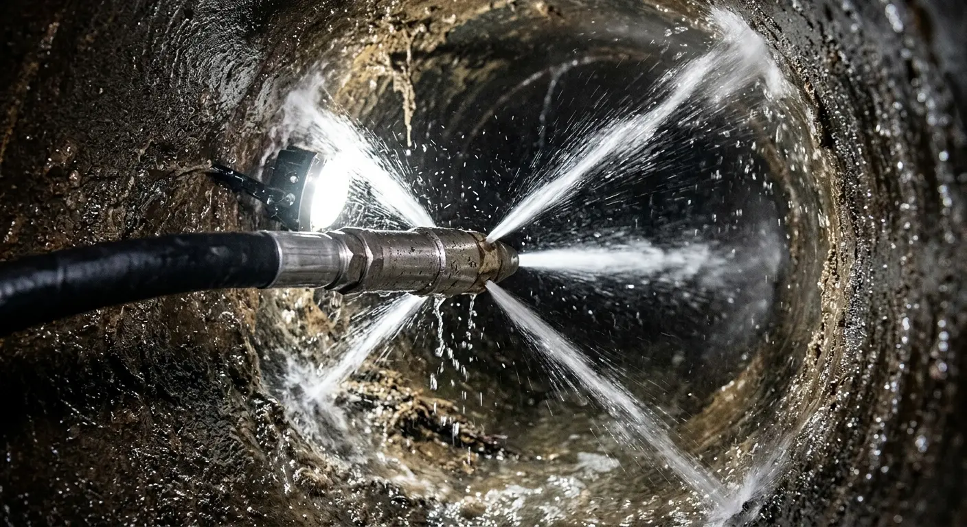 High-pressure hydro jetting nozzle cleaning sewer pipe for Sewer Cleanout in Vienna
