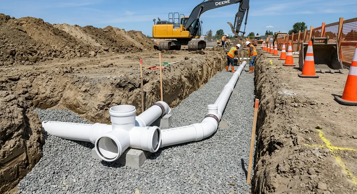 New PVC sewer pipe installation in open trench for Sewer Camera Inspection in Vienna