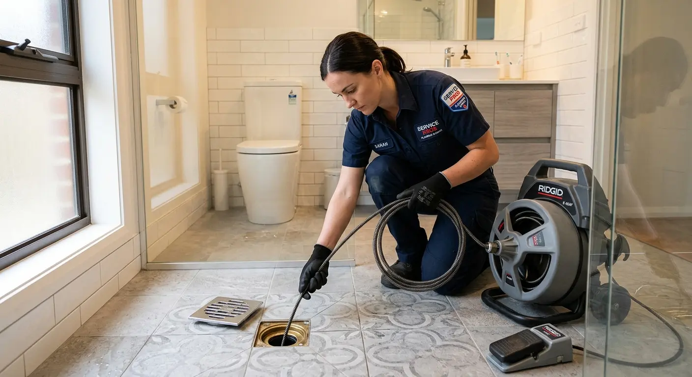 Technician clearing a bathroom floor drain for Sewer Line Replacement in Vienna
